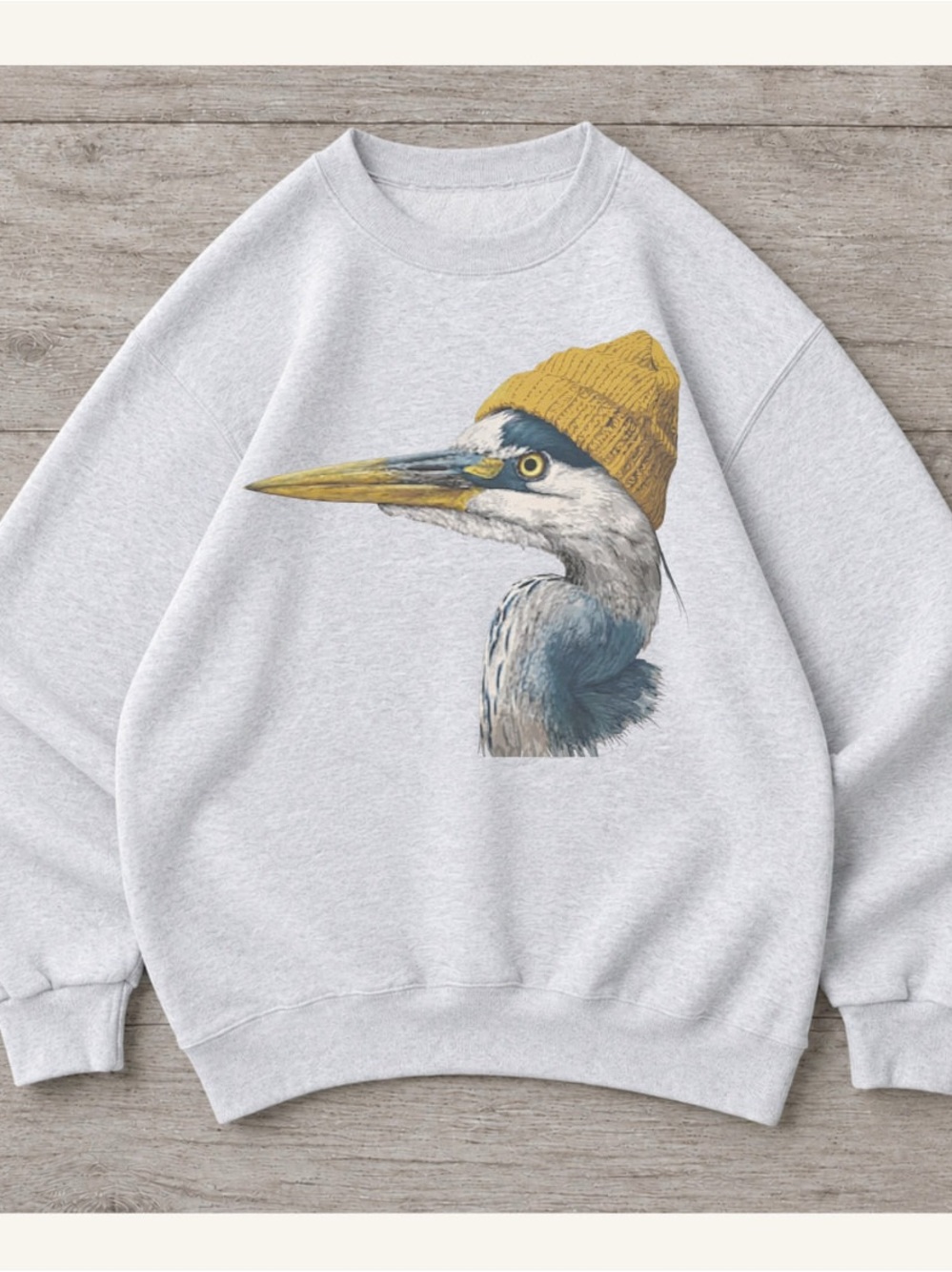 Vintage Gray Heron Graphic Sweatshirt, Bird Wears a Mustard Beanie Graphic